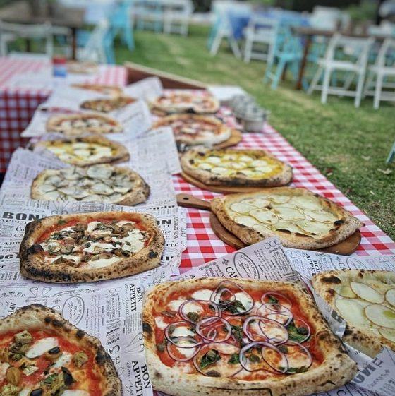 A long table of Neapolitan pizzas on checked cloths at a garden event